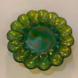 Indiana Glass Hobnail CARNIVAL GREEN 11" Round Deviled Egg Plate Tray Platter